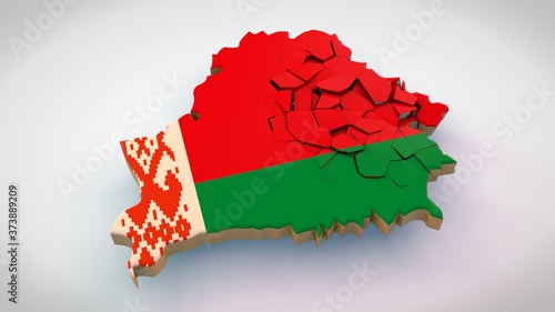 3D rendering of the map of Belarus with the texture of the flag, which was partially destroyed. The idea of the internal political crisis of 2020 in the country and its consequences.