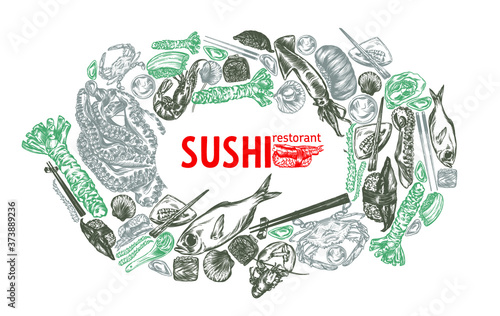 Sketch of Japanese and Chinese cuisine, rolls, sushi, colorful banners. Design templates with hand-drawn sushi, rolls, Chinese food, Japanese food. A linear pattern. High detail.