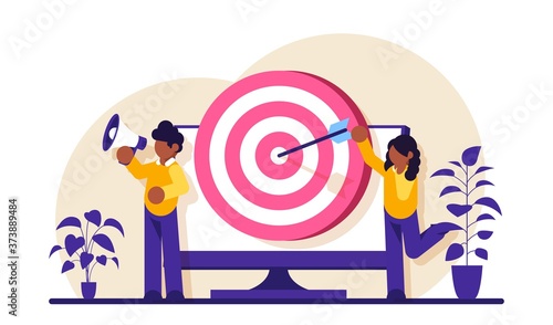 Addressable Advertising concept. Male and female marketers advertise a product or service. Arrow-struck target on the monitor screen. Modern flat illustration.