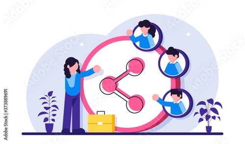 Employee sharing concept. Woman with a briefcase stands near a large Share sign with portraits of people or employees. Modern flat illustration.