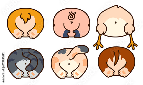 Cute animal butt set. Vector illustration of adorable cartoon animals back with pig, corgi, chicken and kittens.