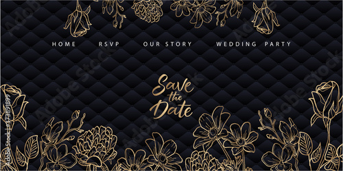 Golden elegant wedding landing page template with blue upholstery background.