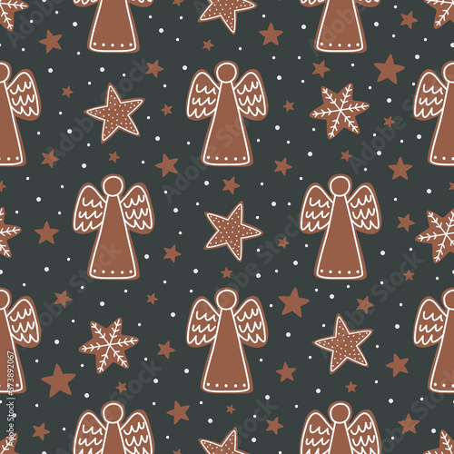 Seamless pattern with Christmas gingerbread cookies. Christmas angel and snowflake.