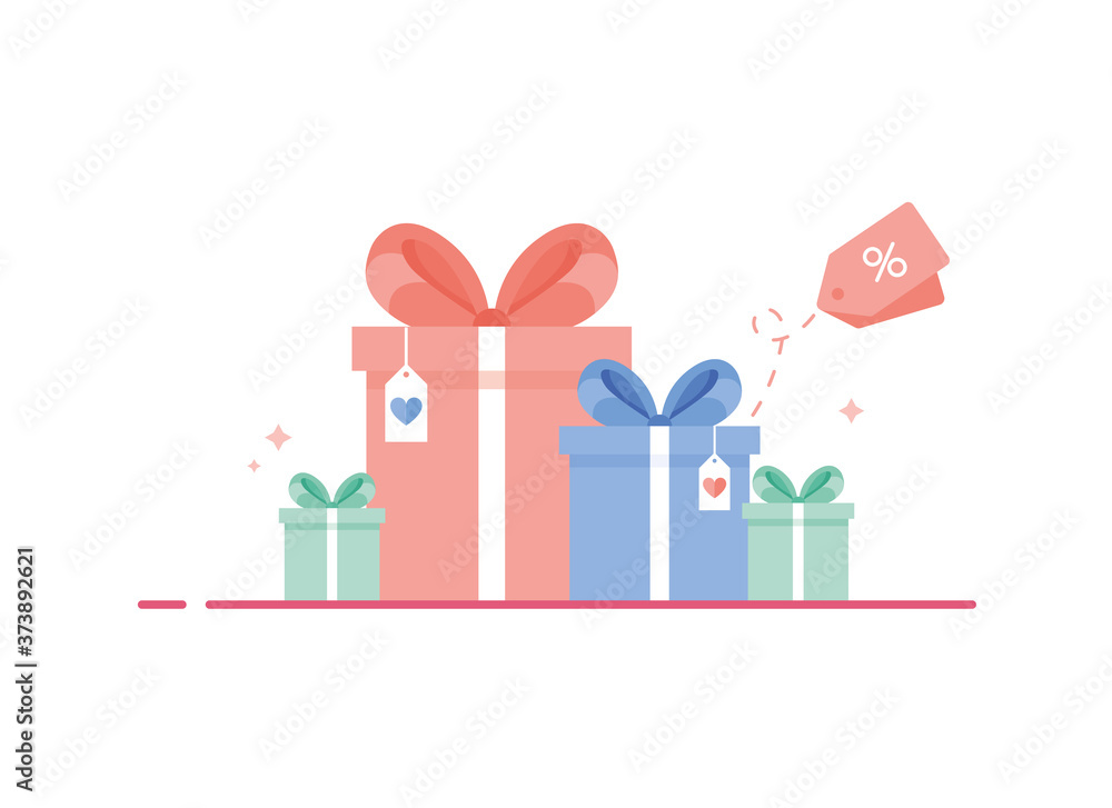 Colored gift boxes with ribbon and bow. Collection for Birthday, Christmas, xmas, New Year. Presents with a postcard. Discount goods. Pink, blue and green. Eps 10