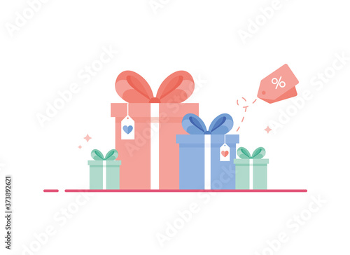 Colored gift boxes with ribbon and bow. Collection for Birthday, Christmas, xmas, New Year. Presents with a postcard. Discount goods. Pink, blue and green. Eps 10