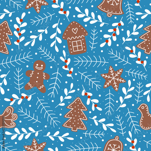 Seamless pattern with Christmas gingerbread cookies. Christmas house, gingerbread man, tree, bird, snowflake, bell and christmas tree branch.