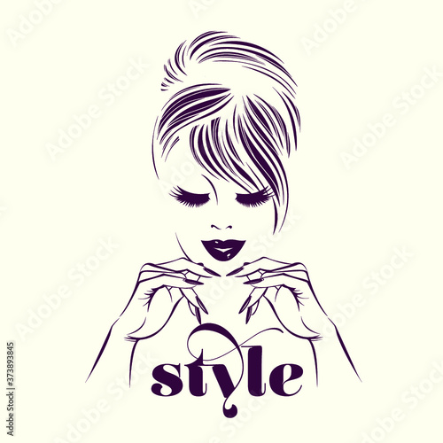 Woman with elegant makeup, hairstyle and manicure.Fashion, nails art, beauty and hair salon illustration.Young lady portrait.Cute face isolated on light background.Lipstick and nail polish.