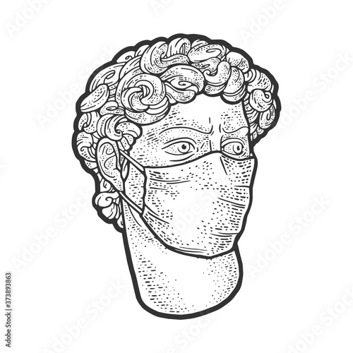 head of a statue of david in medical mask sketch engraving vector illustration. T-shirt apparel print design. Scratch board imitation. Black and white hand drawn image.
