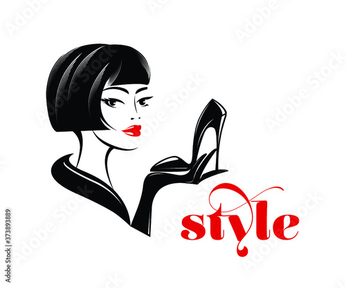 Woman with elegant hairstyle, makeup and stiletto shoe.Fashion, style, beauty and hair salon illustration.Young lady portrait.Cute face isolated on light background.High heels and red lipstick.