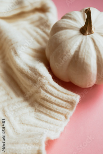 Fall composition with white sweater and pumpkin