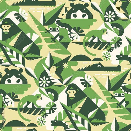 African jungle seamless pattern with gorilla, birds, hippo, monkey. crocodile, frog, snake, leaves and flowers. Perfect for camouflage fabric, textile, wallpaper. Animal design pattern. 