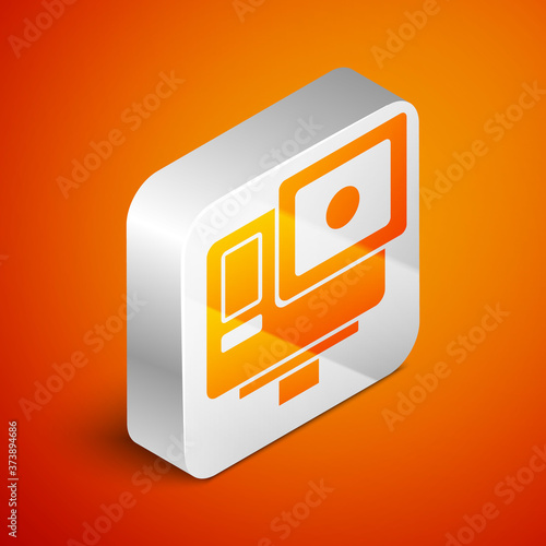 Isometric Action extreme camera icon isolated on orange background. Video camera equipment for filming extreme sports. Silver square button. Vector.