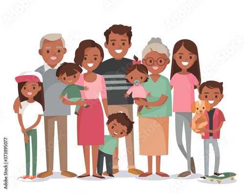 Big happy multi-generational afro-american family siblings relatives portrait. Vector people. Seniors mother and father with babies, children grandchildrens and grandparents. Grandma grandpa mom dad.