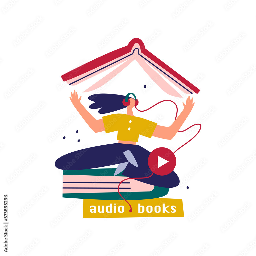 Fototapeta premium Girl sitting in a pile of books. Audiobook concept. Books online. Flat illustration on white background.