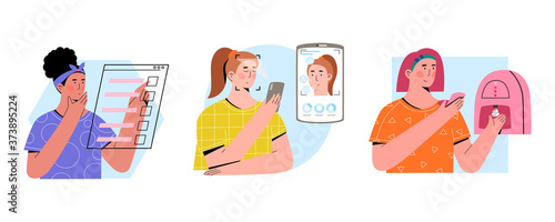Vector flat concept 3 steps to choose personalized beauty products. Young women fill up quiz, scan her face with mobile app, create custom-made skincare product with a device to address skin concerns.