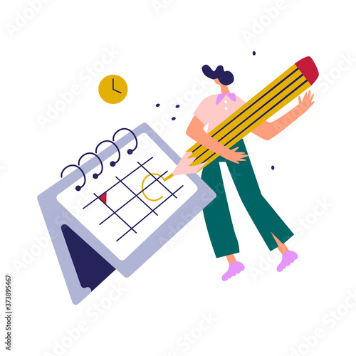 Woman check calendar have plan on memo, work and day planning concept. Cartoon flat  illustration isolated on white background.