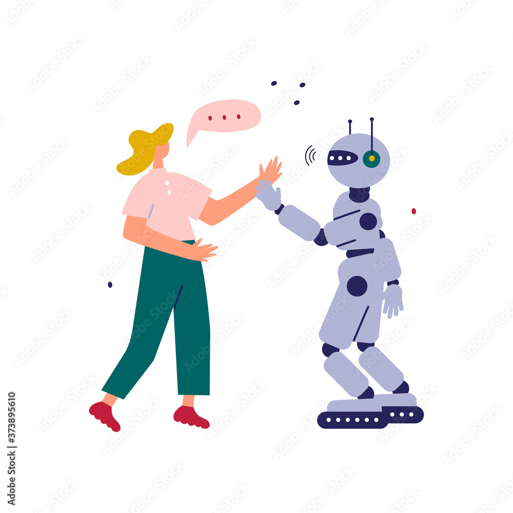 Woman talking and hands shake with robot. Concept future business illustration. Flat cartoon style illustration. Woman talking and hands shake with robot. Concept future business illustration. Flat cartoon style illustration.