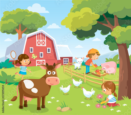 Farm landscape with children. Picture view with farm animals cow pig chicken and barn. Summer holidays at the countryside.