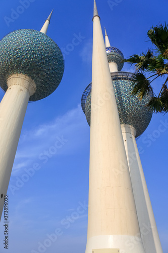 Kuwait water towers reaching up to blue sky