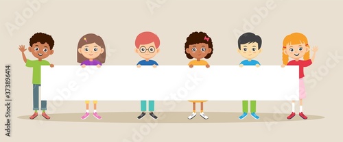 Wallpaper Mural Children holding a big banner. Happy smiling multiracial kids with a blank poster. Template for advertising with empty place for text. Torontodigital.ca