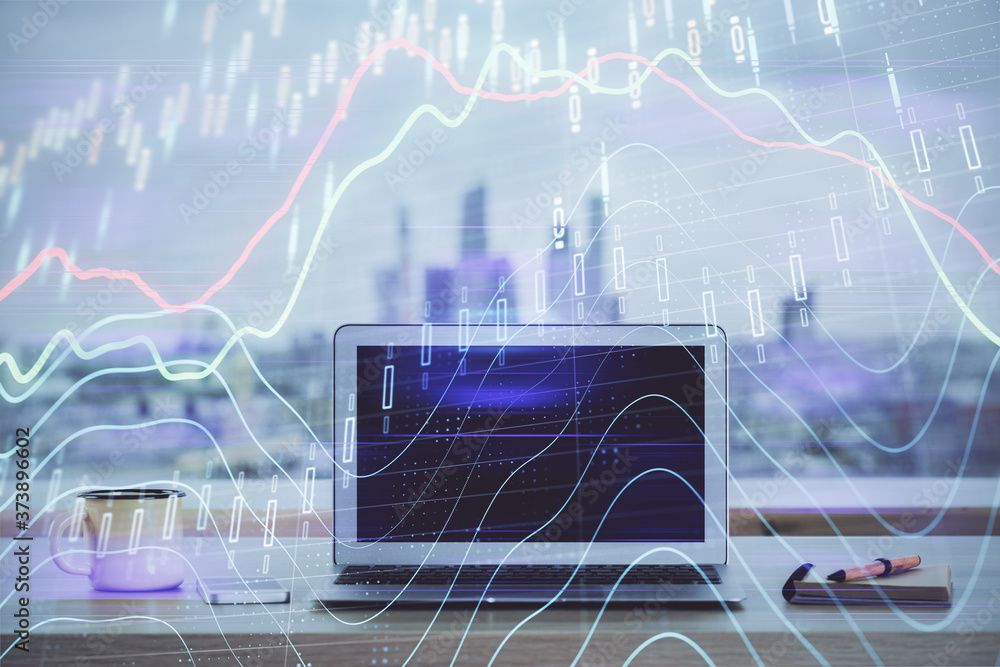 Stock market graph on background with desk and personal computer. Multi exposure. Concept of financial analysis. Stock market graph on background with desk and personal computer. Multi exposure. Concept of financial analysis.