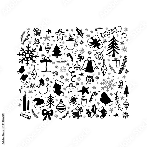 Christmas doodles. Hand drawn xmas illustrations. Winter and New Year black outline icons. Design elements for holiday greeting card, gift tag, label, sticker, banner, poster, postcard