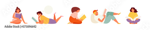 Small reading children with books vector set