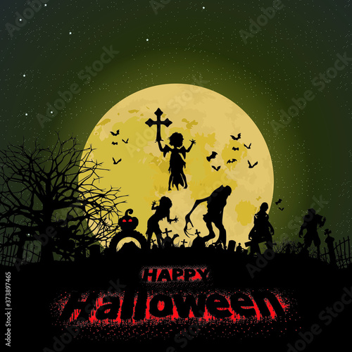 Halloween holiday. Horror. A graveyard with monsters under a yellow moon. Vampires and ghosts. Vector. EPS10