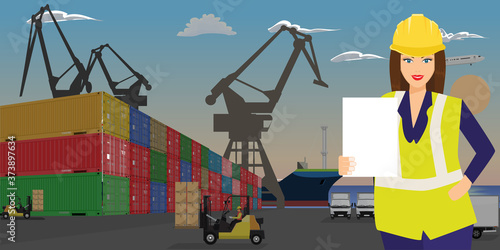 Woman at warehouse holding white empty blank paper showing regulations for new working session. Flat and solid color vector illustration.