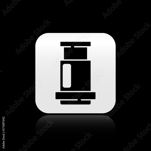 Black Aeropress coffee method icon isolated on black background. Device for brewing coffee. Silver square button. Vector.