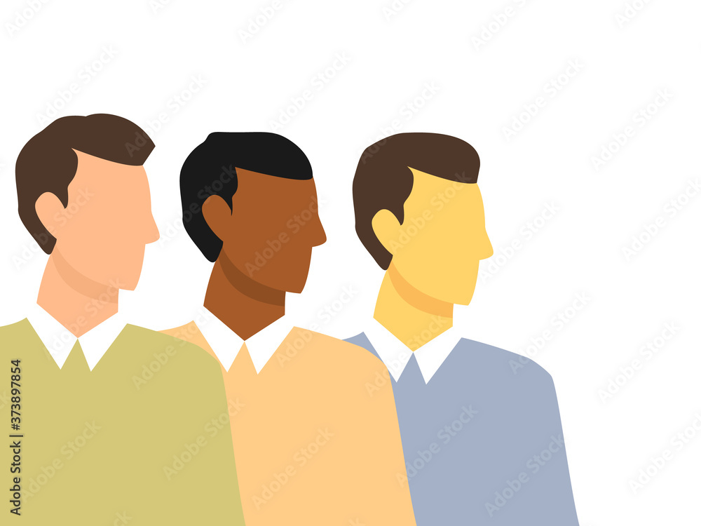 European, African and Asian men isolated on white background. Anti racism poster illustration. International teamwork. Set of three male profile portraits. European, African and Asian men isolated on white background. Anti racism poster illustration. International teamwork. Set of three male profile portraits.
