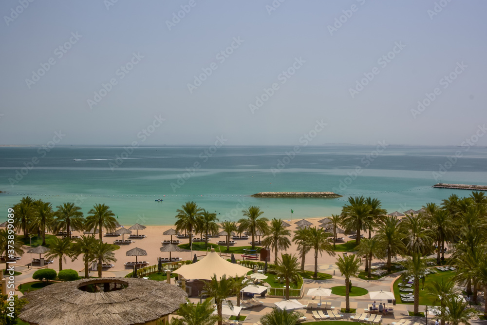 elevated viewpoint of palm trees and beach to the beautiful blue waters of the Persian Gulf