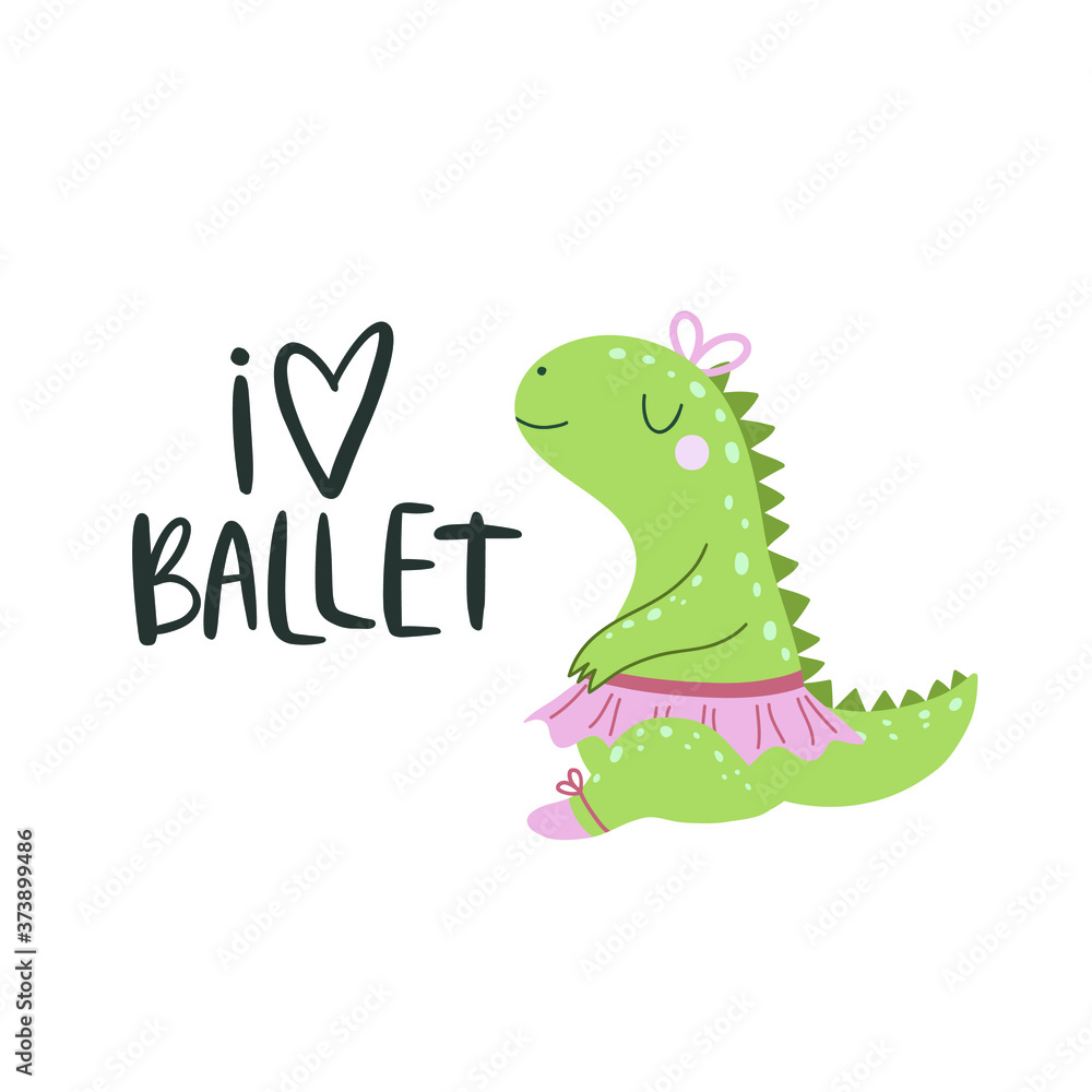 Fototapeta premium Vector illustration with cartoon dinosaur ballerina and inscription I love ballet