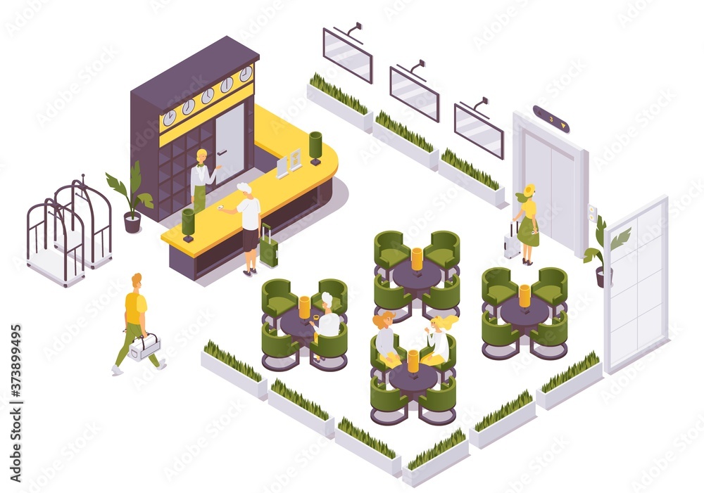 Obraz premium Hotel lobby with guests and receptionist isometric scene isolated on white background. 3d vector concept interior illustration with elevator and tables, desk and cart for luggage