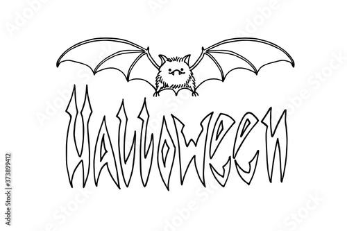 cute bat, symbol of vampire & halloween, inscription for festive banner, poster, logo, vector illustration with black ink contour lines isolated on a white background in a doodle & hand drawn style