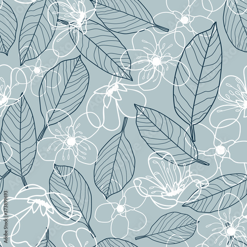 Vector white grey flowers leaves seamless pattern