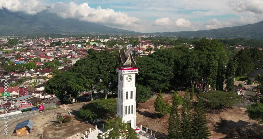 Drone Shot of Big Clock Jam Gadang Bukittinggi and Its Beautiful