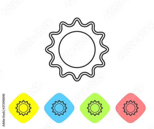 Grey line Sun icon isolated on white background. Summer symbol. Good sunny day. Set icons in color rhombus buttons. Vector.