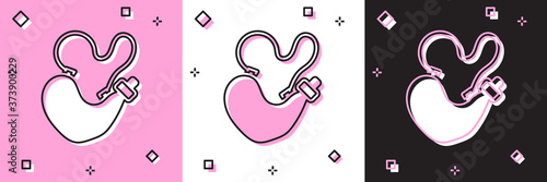 Set Spanish wineskin icon isolated on pink and white, black background. Vector.