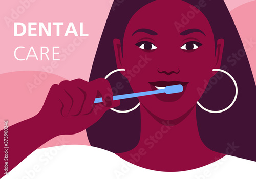 African woman brushes her teeth. Dentist tips for a healthy smile. Vector flat illustration