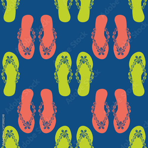 Flip flop shoe seamless vector pattern background. Pretty sandals geometric design beach them backdrop in neon orange, blue, green. Shell decorated footwear. All over print for vacation concepts