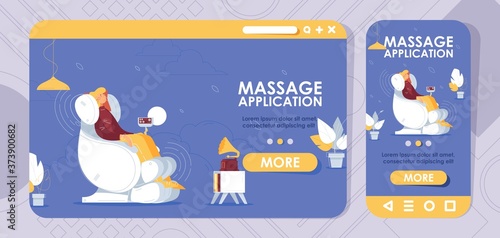 Cross platform banners for landing page design. Massage chair with woman relaxing in interior