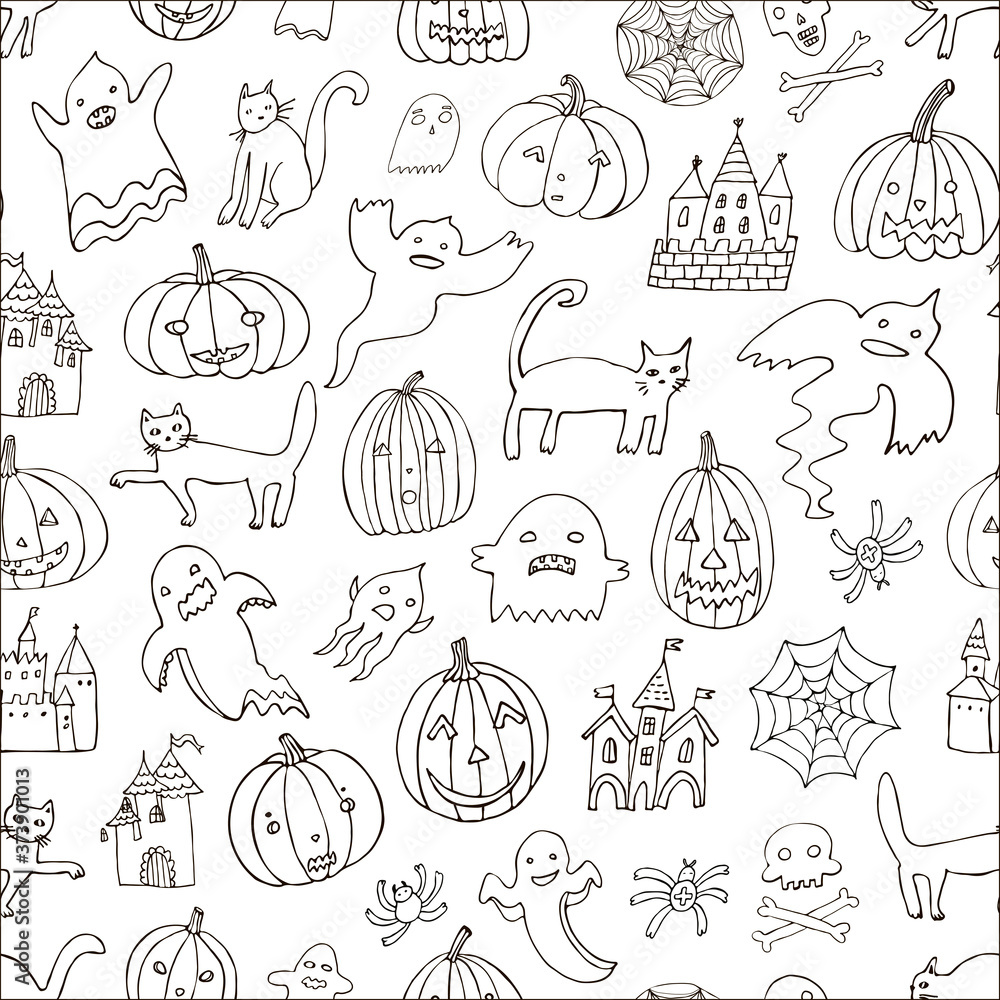 Obraz premium Halloween seamless vector hand drawn doodle pattern