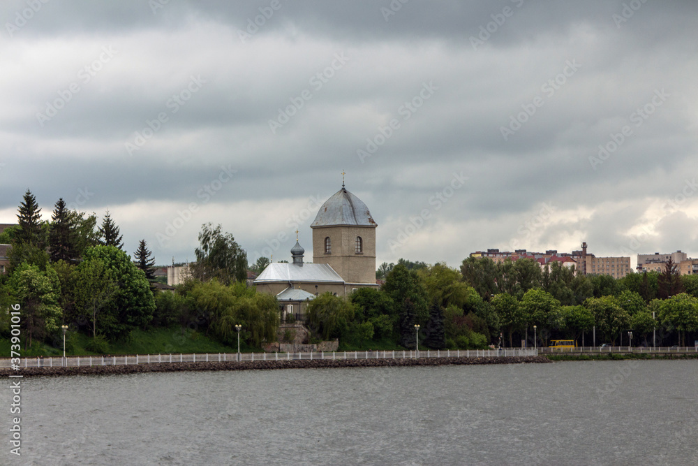 View of the Church of the Exaltation of the Cross in Ternopil on the lake. Ukraine