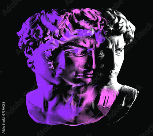 Plaster bust in bitmap pixel art style. Vaporwave and retrowave aesthetics from the 80s.