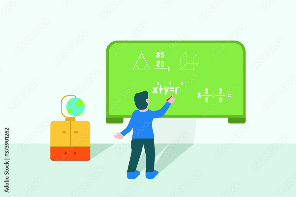 Mathematics study vector concept: back view of a boy writing ...