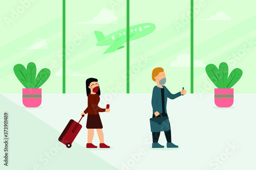 New Normal vector concept: man and woman wearing face masks and using their phones while standing in flight queue