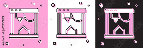 Set 3D printer icon isolated on pink and white, black background. Vector.