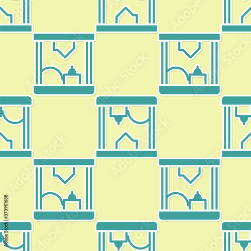 Green 3D printer icon isolated seamless pattern on yellow background. Vector.