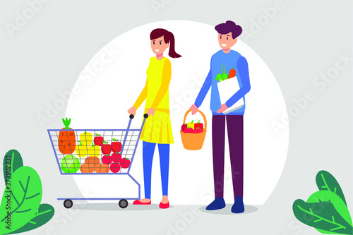Groceries shopping vector concept: Happy couple carrying trolley and bags full of groceries